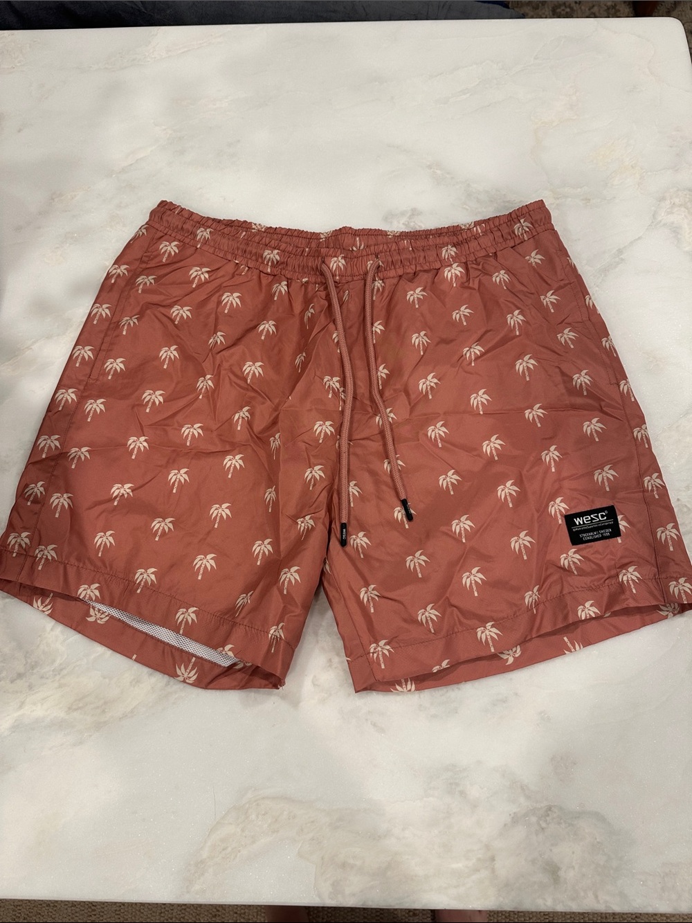 WESC Men's Rust Swim Trunks with Cream Palm Print